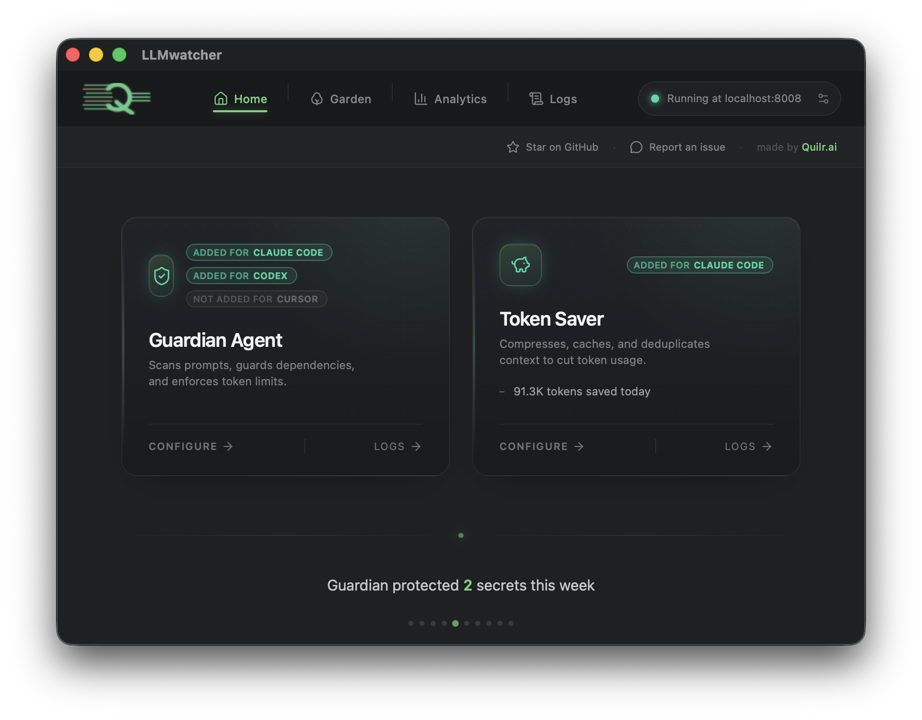 AgentGuard home view showing Guardian Agent and Token Saver as the primary controls.